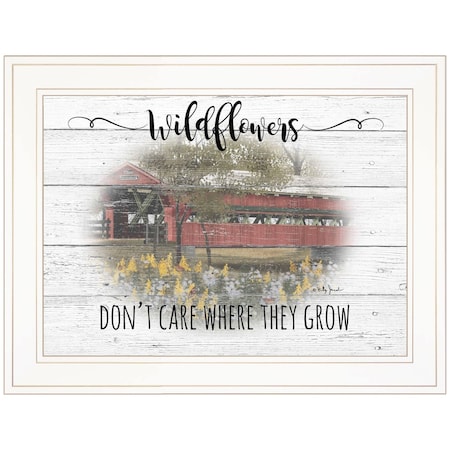 Homeroots Wildflowers Covered Bridge White Framed Print Wall Art 406376