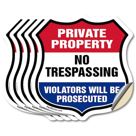Signmission Private Property Shield Sign No Trespass, 6 inch X 6 inch, Vinyl Decal, 5PK SHI-D-5PACK-6-453