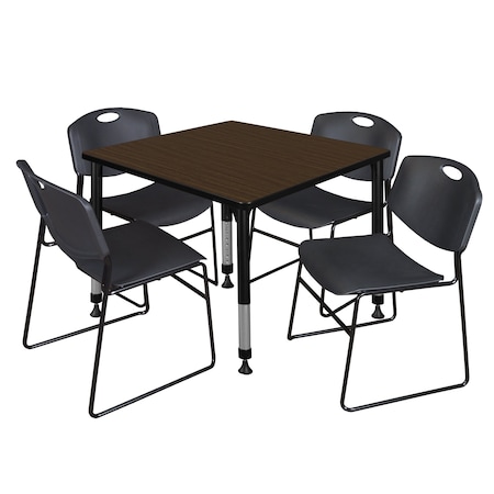 Regency Square Kee Adjustable Classroom Table W/ 4 Zeng Stack Chairs, 36 in W, 30 in L, Neo Walnut TB3636NWAPBK44BK