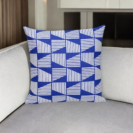 Homeroots 18" Blue and White Geometric Cotton Throw Pillow With Embroidery 529320