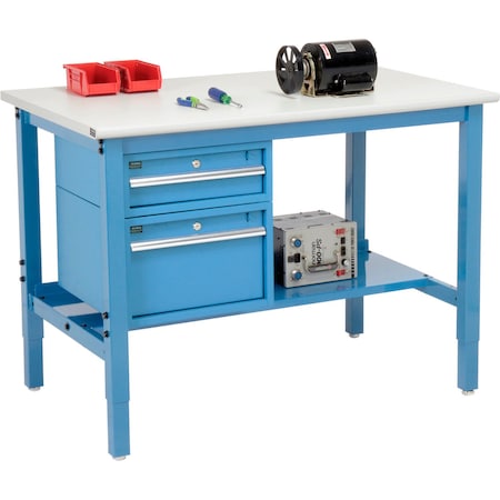 Global Industrial 48"W x 36"D Production Workbench - ESD Safety Edge - Drawers and Shelf - Blue 319291BL