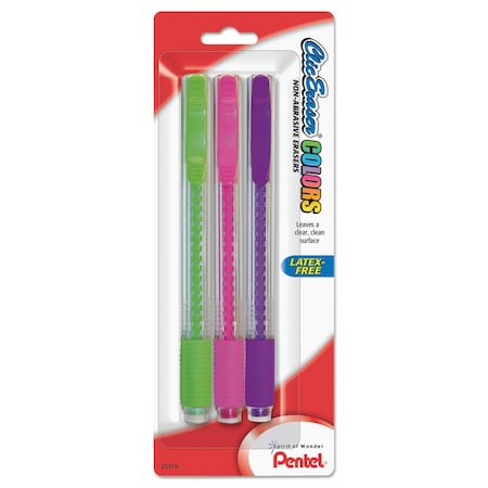 Pentel Clic Eraser COLORS Eraser, For Pencil Marks, White Eraser, Assorted Barrel Colors, 3PK ZE23BP3M