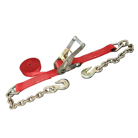 Tie 4 Safe 2'' x 50' Ratchet Tie Downs w/ Chain Extension WLL: 3,333 lbs. Red RT04C-550-F87-R-C