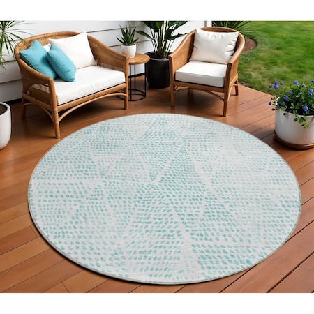 Homeroots 8' Aqua And Ivory Round Geometric Washable Indoor Outdoor Area Rug 577543