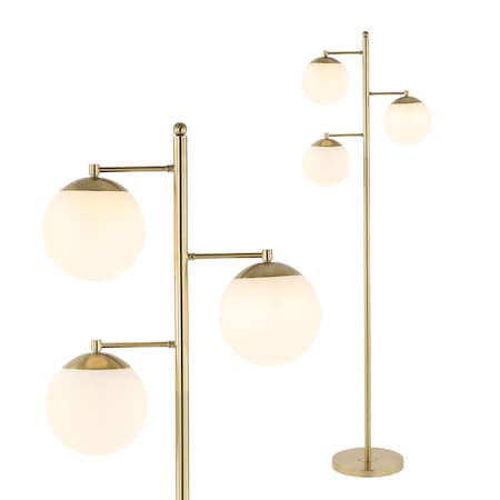 Jonathan Y Ellie 66" 3-Light Mid-Century Modern Metal LED Floor Lamp w/Triple Frosted Globe Shades, Brass Gold/W JYL3087A