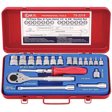 Genius Tools 19PC 1/4 & 3/8in Dr. Star Hand Socket Set TX-2319
