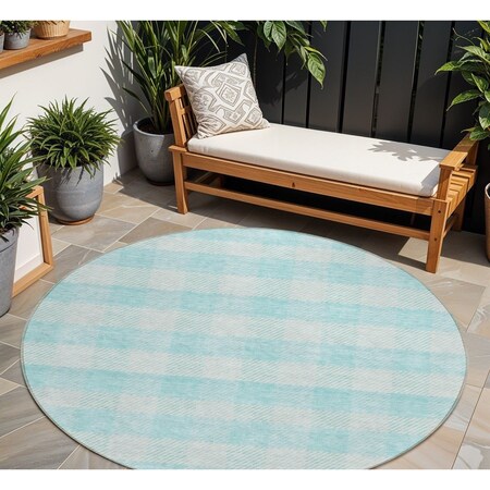 Homeroots 8' Aqua And Ivory Round Plaid Washable Indoor Outdoor Area Rug 595453