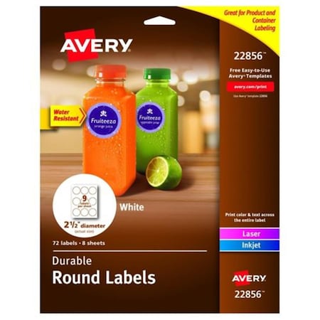 Avery Dennison 2.5 in. dia Durable White Round ID Labels, White, 72PK 7278222856
