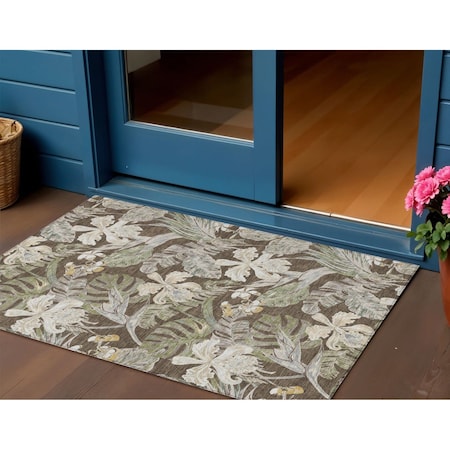 Homeroots 3' X 5' Brown Beige And Olive Green Botanical Leaves Washable Indoor Outdoor Area Rug 618394