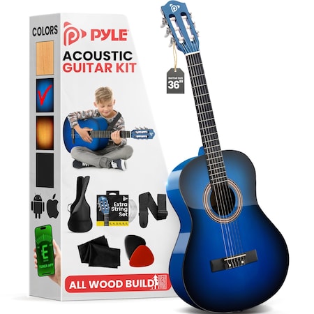 Pyle Pyle Beginner Acoustic Guitar Kit, 3/4 Size, Nylon String, Gig Bag, Strap, Extra Strings, Blue Burst PGACLS82BLU