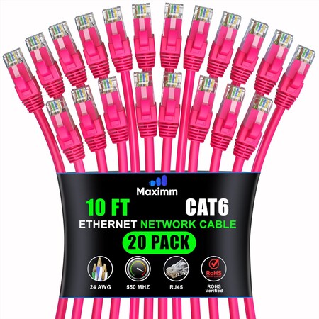Maximm Cat6 Ethernet Cable 10ft 10Gbps 550MHz UTP, 20PK, Pink, 20PK CAT6CCA-10PN-20PK