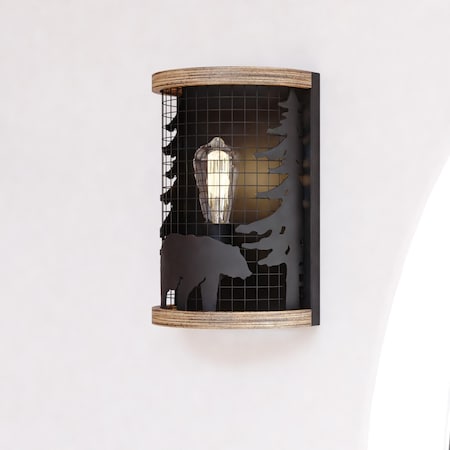 Vaxcel Kodiak 1 Light Black Cage Rustic Wall Sconce Bear and Tree Motif W0408