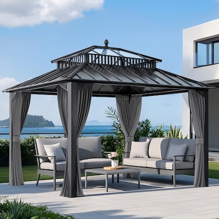 Sunjoy Kingston 12x10 Gazebo, Steel & PC Roof Hardtop Gazebo with Curtain and Netting - Gray Aluminum Posts A10204380100