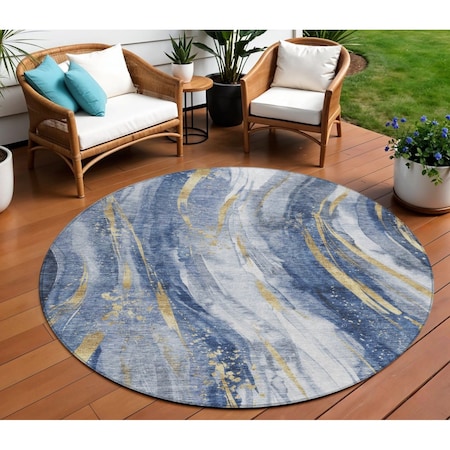 Homeroots 8' Blue Gold And Ivory Round Abstract Washable Indoor Outdoor Area Rug 617427