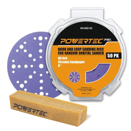 Powertec 6in 49 Holes Hook & Loop Sanding Disc, Zirconia, 80 Grit, 50PK & Abrasive Cleaning Stick 46101ZN
