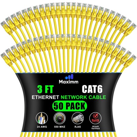 Maximm Cat6 Ethernet Cable 3ft 10Gbps 550MHz UTP, 50PK, Yellow, 50PK CAT6CCA-3YL-50PK