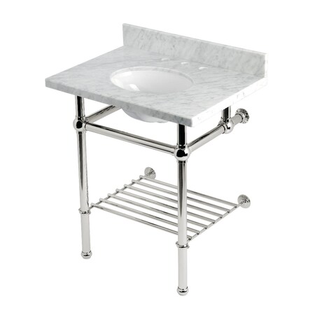 Kingston Brass 30-Inch Carrara Marble Console Sink with Brass Legs and Shelf, 8-Inch, 3-Hole KVPB30MBB6