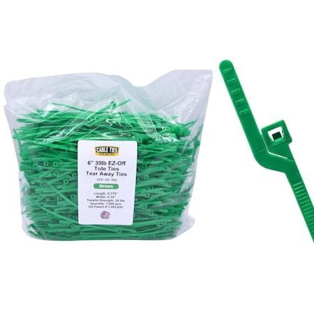 Cable Ties Unlimited Easy-Off Tote Cable Tie, 6 in L, 30 lb Strength, 1.4 in Max Bundle Dia, Nylon 6/6, Green, 1000PK EZ6-30-5M