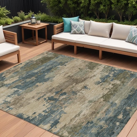 Homeroots 10' X 14' Teal Blue And Beige Abstract Washable Indoor Outdoor Area Rug 630944
