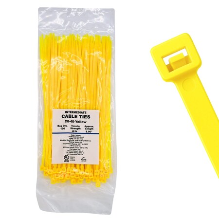 Cable Ties Unlimited Cable Tie, 8 in L, 40 lb Strength, 2.2 in Max Bundle Dia, Nylon 6/6, Yellow 100PK C8-40-Yellow