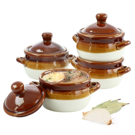 Elama 4 Piece Double Handle 15 Ounce French Onion Soup Bowl with Lid ELM-DHFOSB