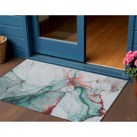 Homeroots 3' X 5' Teal Blue And Terra Cotta Abstract Washable Indoor Outdoor Area Rug 617878