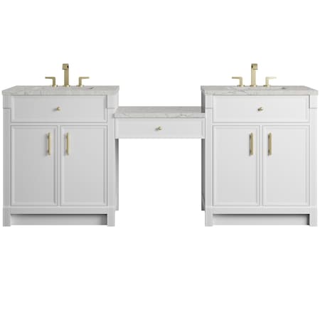 James Martin Vanities Bellshire 84" Dual Vanity Set w/24" Make-Up Counter, Bright White w/3 cm Eternal Jasmine Pearl Siles 660-VMC84-BW-3EJP