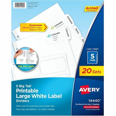 Avery Dennison Avery, BIG TAB PRINTABLE LARGE WHITE LABEL TAB DIVIDERS, 5-TAB, LETTER, 20PK 14440