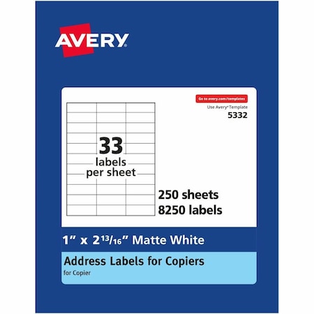 Avery Dennison Avery, COPIER MAILING LABELS, COPIERS, 1 X 2.81, WHITE, 33/SHEET, 250PK 5332