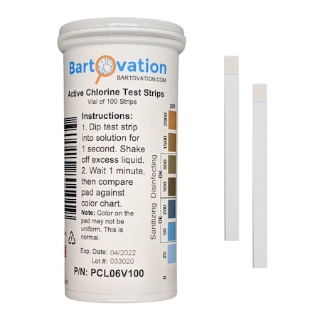 Bartovation Active Chlorine Test Strips, 0-2000 ppm [Vial of 100 Plastic Strips] PCL06V100
