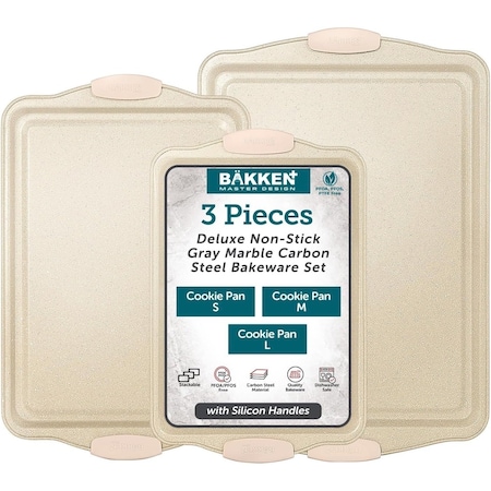 Bakken-Swiss BAKKEN 3-Piece Nonstick Cookie Sheets Set, Carbon Steel with Silicone Handles, White Marble BKBSMARWHT3