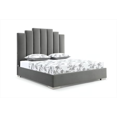 Homeroots Queen Grey Upholstered Vertical Channel Velvet Bed with USB 486081
