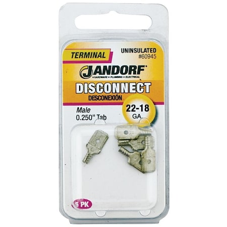 Jandorf Non-Insulated Male Disconnect Terminal, 22 to 18 AWG Wire, 1/4 in Stud 60945