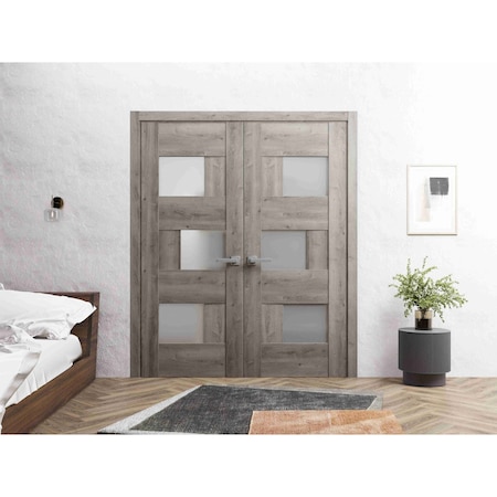 Vdomdoors Solid French Double Doors 64 x 96in, Nebraska Grey W/ Frosted Glass, Closet Bedroom Sturdy Doors SETE6933DD-NEB-6496