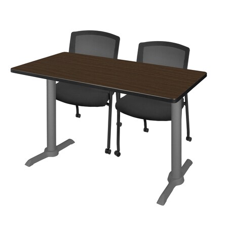 Regency Kobe T-Base Training Seminar Table W/ 2 Knight Mesh Chairs, 48 in W, 24 in L, Neo Walnut MTRCT4824NWGY56CBK
