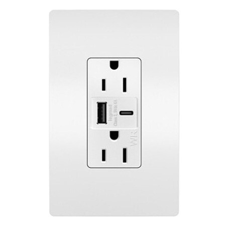 Legrand USB Receptacle, 15 A, White, Nylon WRR26USBAC6W