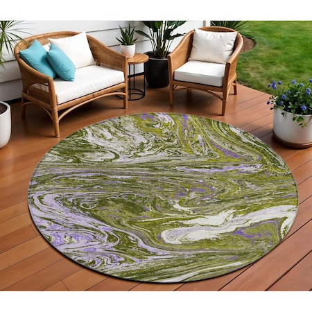 Homeroots 8' Olive Green Purple And Beige Round Abstract Washable Indoor Outdoor Area Rug 602649