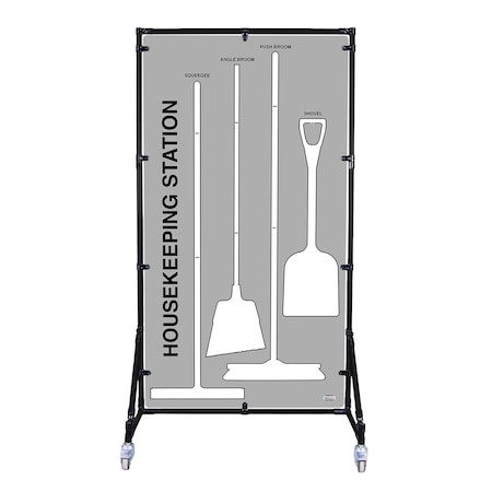 5S Supplies Housekeeping Shadow Board Broom Station V6, Gray / White Shadows, Kit + Stand HSB-V6-GRAY/WHITE-KIT-STAND