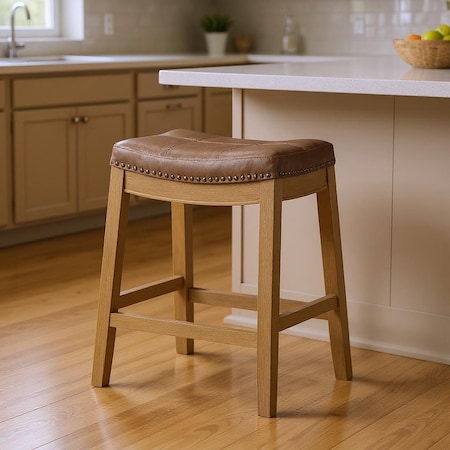 Homeroots 26" Tan and Natural Faux Leather and Solid Wood Backless Counter Height Bar Chair 632488