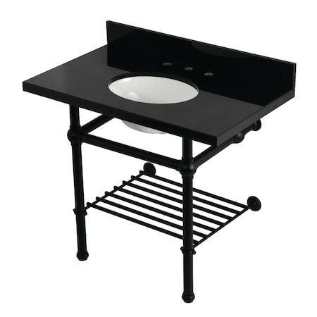 Kingston Brass 36" Black Granite Console Sink with Brass Legs and Shelf, 8-Inch, 3-Hole, Black Granite/Matte Black KVPK3630KBB0