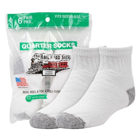 Railroad Sock Quarter Socks, 85% Cotton, 15% Nylon, White/Grey, 13-5Y, 6 PK 7082