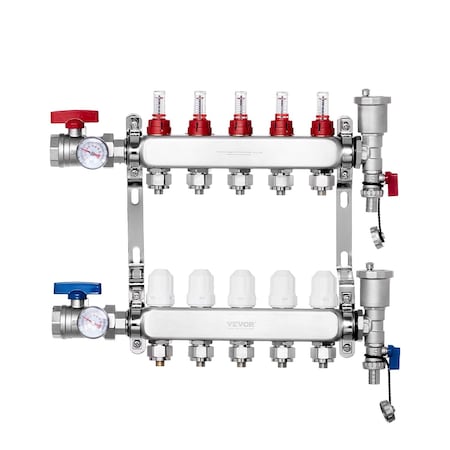 Vevor 5-Branch Radiant Heat Manifold 1/2 in PEX Tubing Floor Heating Manifold Set 7012-25-05-00-NPT