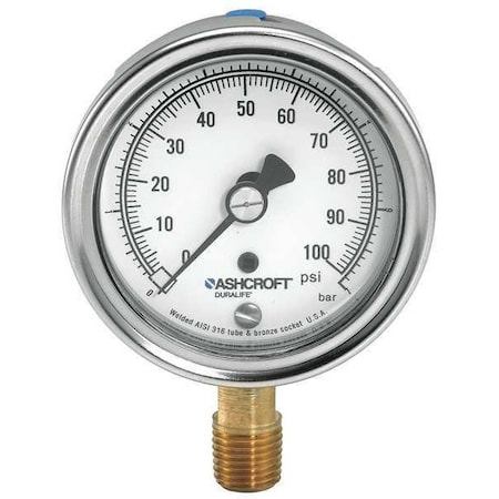 Ashcroft Industrial Pressure Gauge, 0 to 160 psi, 3-1/2 Dial, 1/4 in NPT, Bottom Location 351009AW02L160#