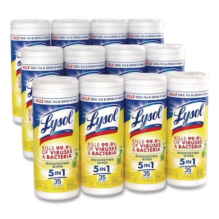 Lysol Disinfecting Wipes, 1-Ply, 7 x 7.25, Lemon and Lime Blossom, White, 35 Wipes/Canister, PK12 19200-81145