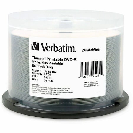 Verbatim DVD-R 4.7GB 16X DataLifePlus White Thermal Printable, Hub Printable - 50pk Spindle 95211