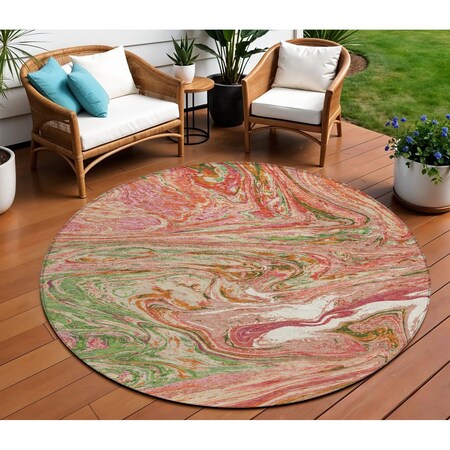 Homeroots 8' Coral Green And Ivory Round Abstract Washable Indoor Outdoor Area Rug 602619