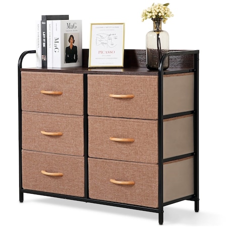 Homeroots 31in Brown Fabric and Metal Accent Chest With Two Shelves And Six Drawers 470359