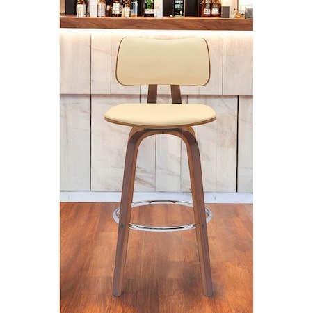 Homeroots 30" Cream And Wood Brown Faux Leather Swivel Low Back Bar Height Bar Chair 534436