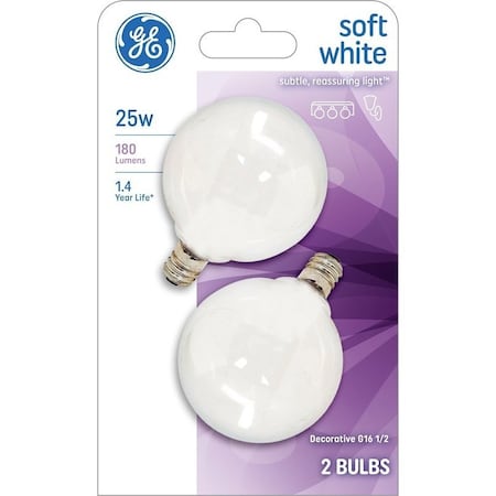 Ge Light Bulb, 25 W, G16.5 Lamp, E12 Candelabra Lamp Base, 180 Lumens, 2500 K Color Temp, Soft White 44412