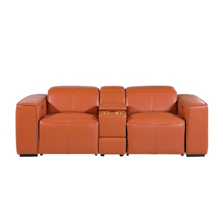 Homeroots 90in Orange and Brown Italian Leather Power Reclining Loveseat With Storage 720555